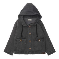 Kid Black Denim Jacket With Hood - Black